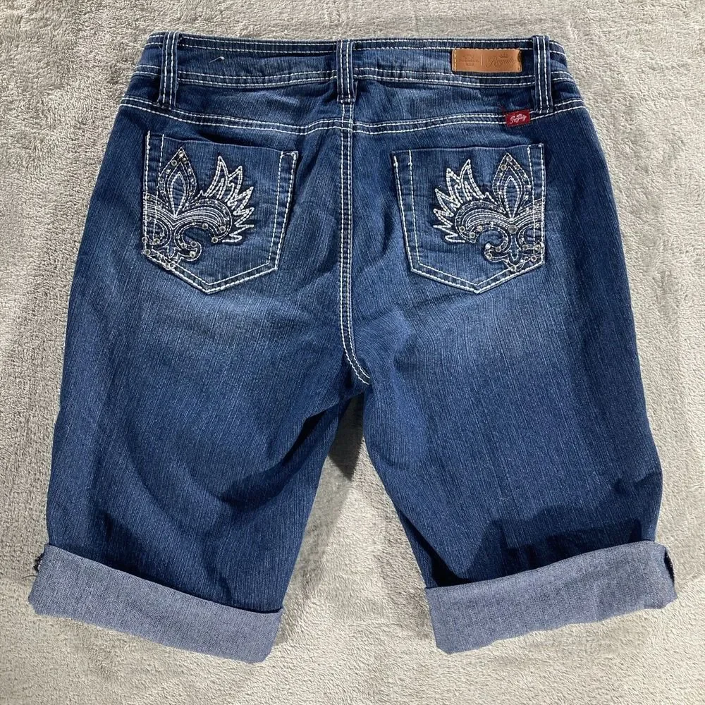 Royalty Jean Shorts‎ Women's Size 8 Dark Wash Cuffed Stretch Large Stitch - Picture 3 of 15
